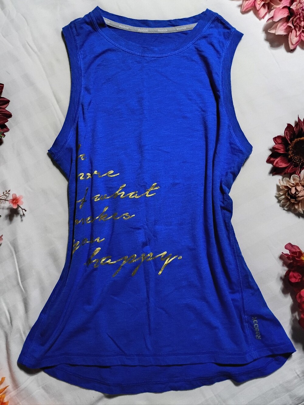 Reebok Women’s Royal Blue Sleeveless Graphic Tank with Gold Script